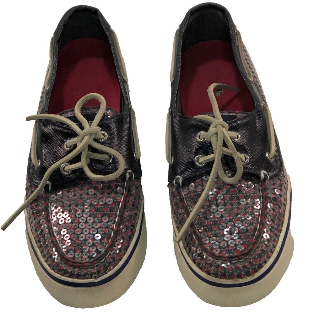 Sperry Shoes Women' Size 8M Red & Navy Sequins Top-Sider Boat Shoes  D12-CH171 - Picture 2 of 10